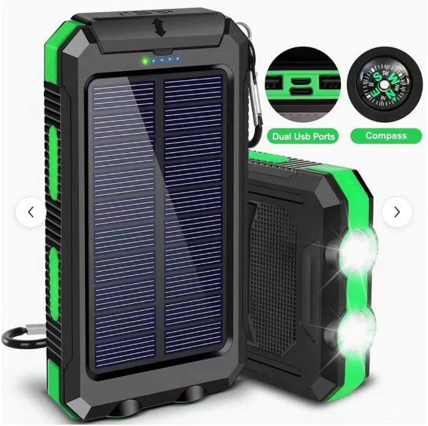 20000mAh Solar Power Bank, Portable Solar Phone Charger with 2 USB Ports, Dual LED Flashlights & Compass, Rechargeable External Battery Pack for Camping, Hiking & Outdoor Activities