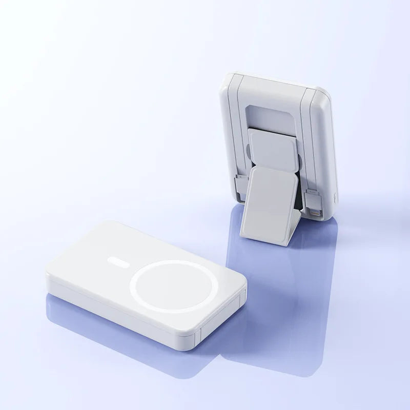 10000mAh Large Capacity Magnetic Wireless Power Bank, Built-in 2 Type-C Cables Foldable Stand PD Fast Charging Portable Charger