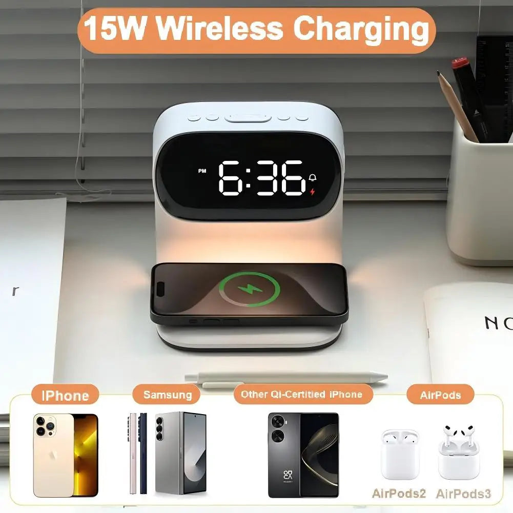 3 in 1 Wireless Charger 15W Fast Charging with Digital Clock Alarm Clock Night Light,Wireless Charging Station for iPhone Apple Watch AirPods Qi Devices