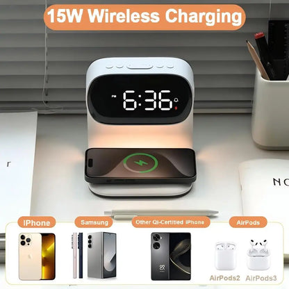 3 in 1 Wireless Charger 15W Fast Charging with Digital Clock Alarm Clock Night Light,Wireless Charging Station for iPhone Apple Watch AirPods Qi Devices