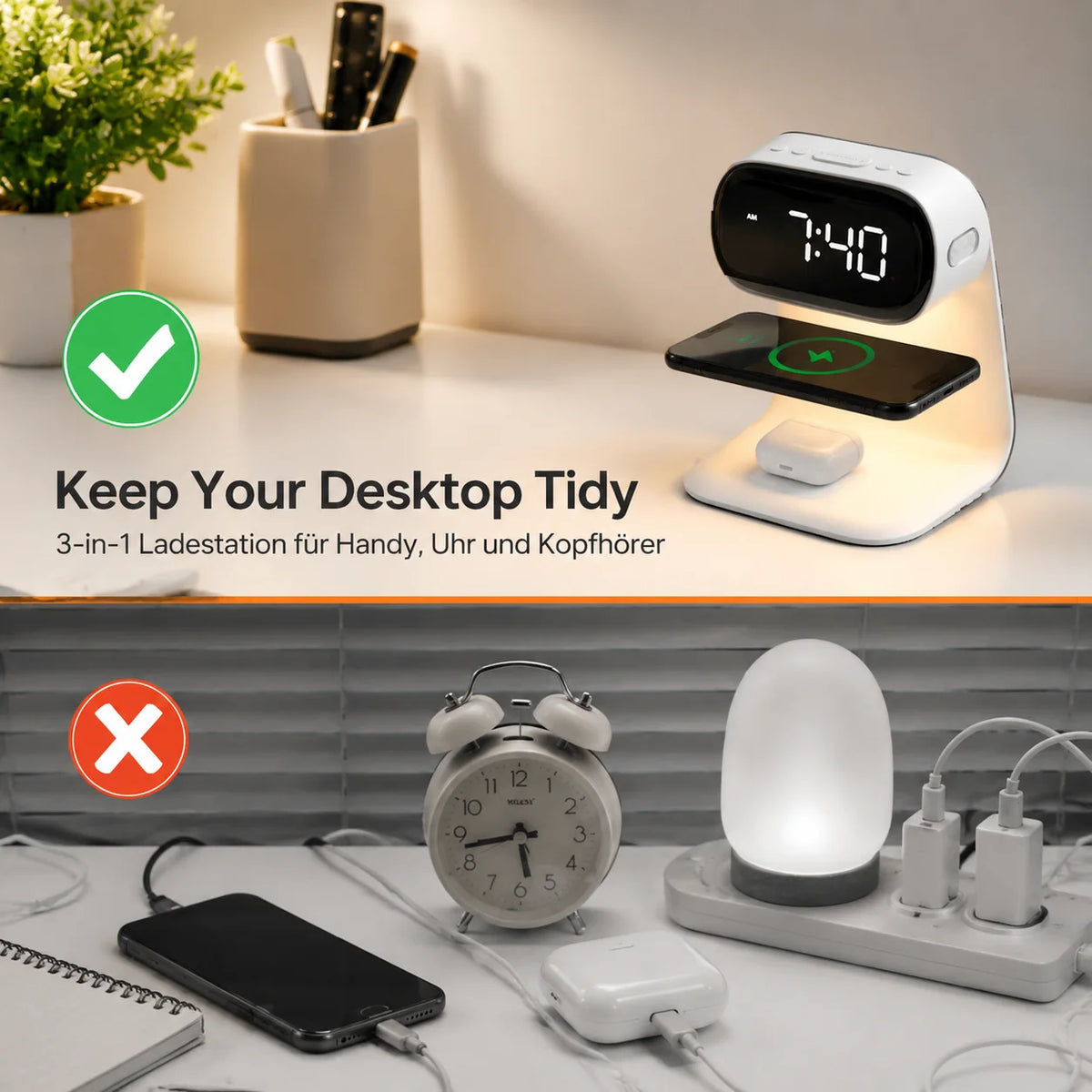 3 in 1 Wireless Charger 15W Fast Charging with Digital Clock Alarm Clock Night Light,Wireless Charging Station for iPhone Apple Watch AirPods Qi Devices