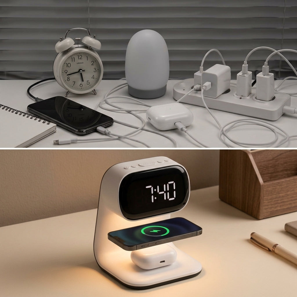 Réveil Chargeur Induction 3 en 1 avec Veilleuse – Charge Sans Fil 15W