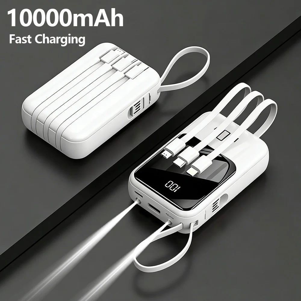 10000mAh Power Bank PD66W Fast Charge Portable Charger with Built-in 4 Cables & LED Flashlight, External Battery Pack Compatible with Smartphones, Lightweight Power Source for Daily Business Camping Travel Outdoor
