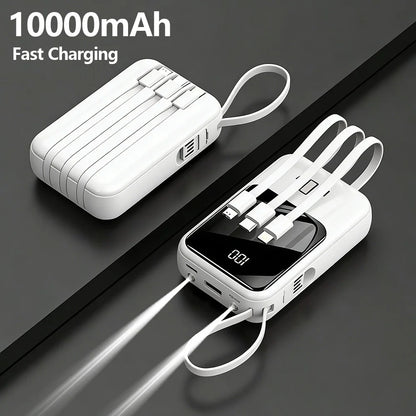 10000mAh Power Bank PD66W Fast Charge Portable Charger with Built-in 4 Cables & LED Flashlight, External Battery Pack Compatible with Smartphones, Lightweight Power Source for Daily Business Camping Travel Outdoor