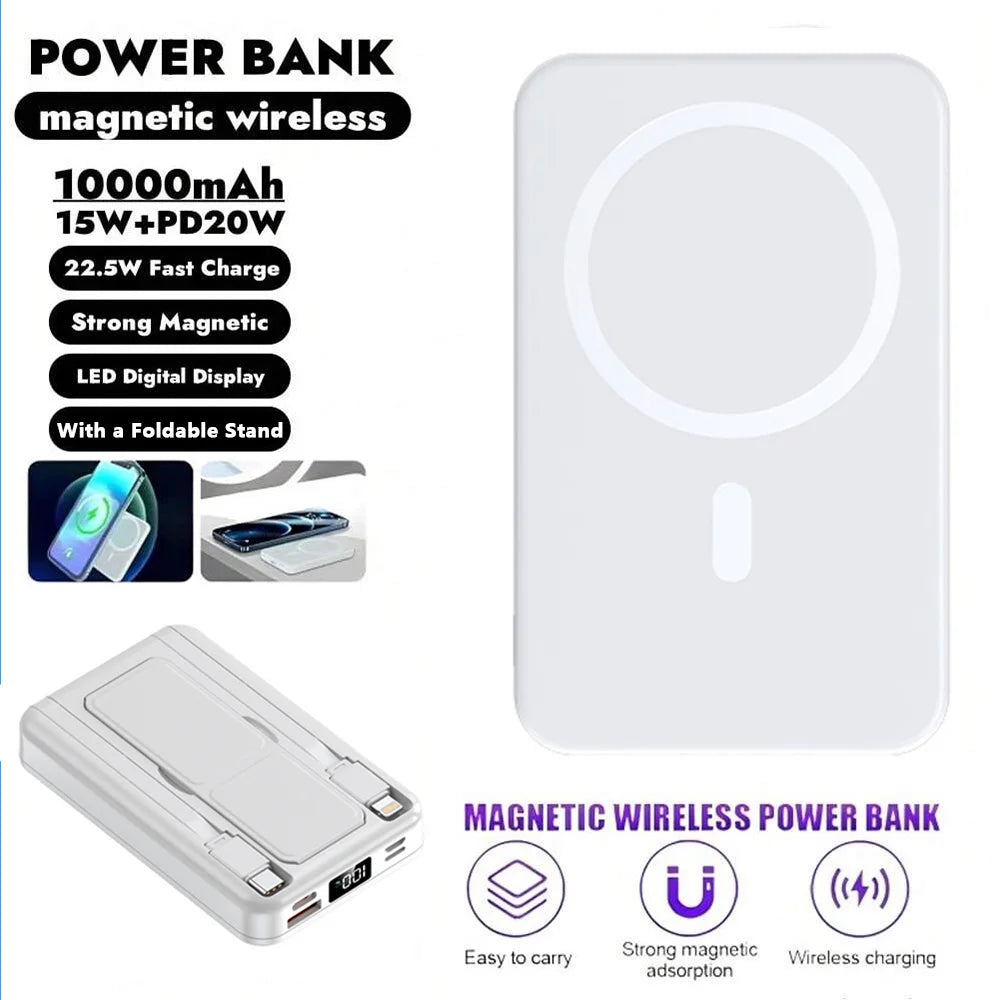 10000mAh Large Capacity Magnetic Wireless Power Bank, Built-in 2 Type-C Cables Foldable Stand PD Fast Charging Portable Charger