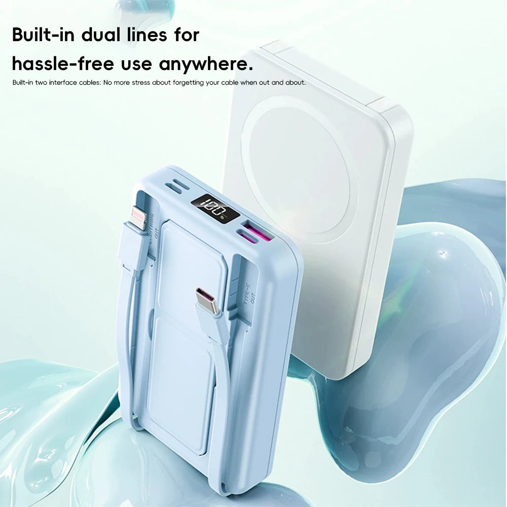 10000mAh Large Capacity Magnetic Wireless Power Bank, Built-in 2 Type-C Cables Foldable Stand PD Fast Charging Portable Charger
