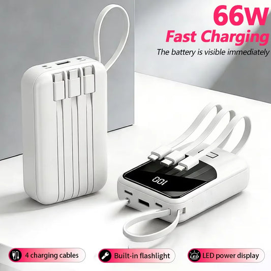 10000mAh Power Bank PD66W Fast Charge Portable Charger with Built-in 4 Cables & LED Flashlight, External Battery Pack Compatible with Smartphones, Lightweight Power Source for Daily Business Camping Travel Outdoor