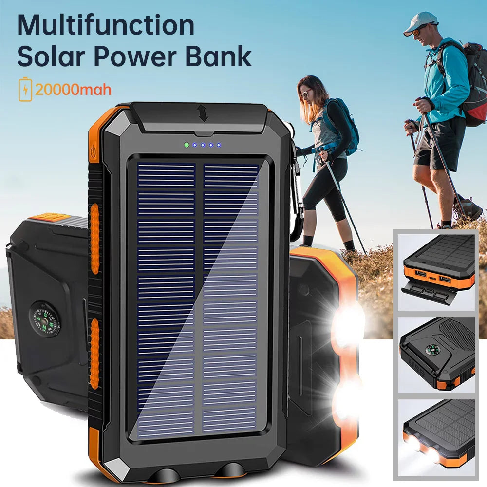 20000mAh Solar Power Bank, Portable Solar Phone Charger with 2 USB Ports, Dual LED Flashlights & Compass, Rechargeable External Battery Pack for Camping, Hiking & Outdoor Activities