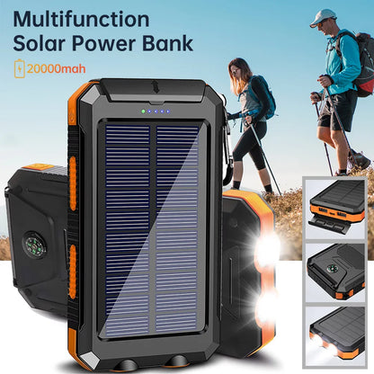 20000mAh Solar Power Bank, Portable Solar Phone Charger with 2 USB Ports, Dual LED Flashlights & Compass, Rechargeable External Battery Pack for Camping, Hiking & Outdoor Activities