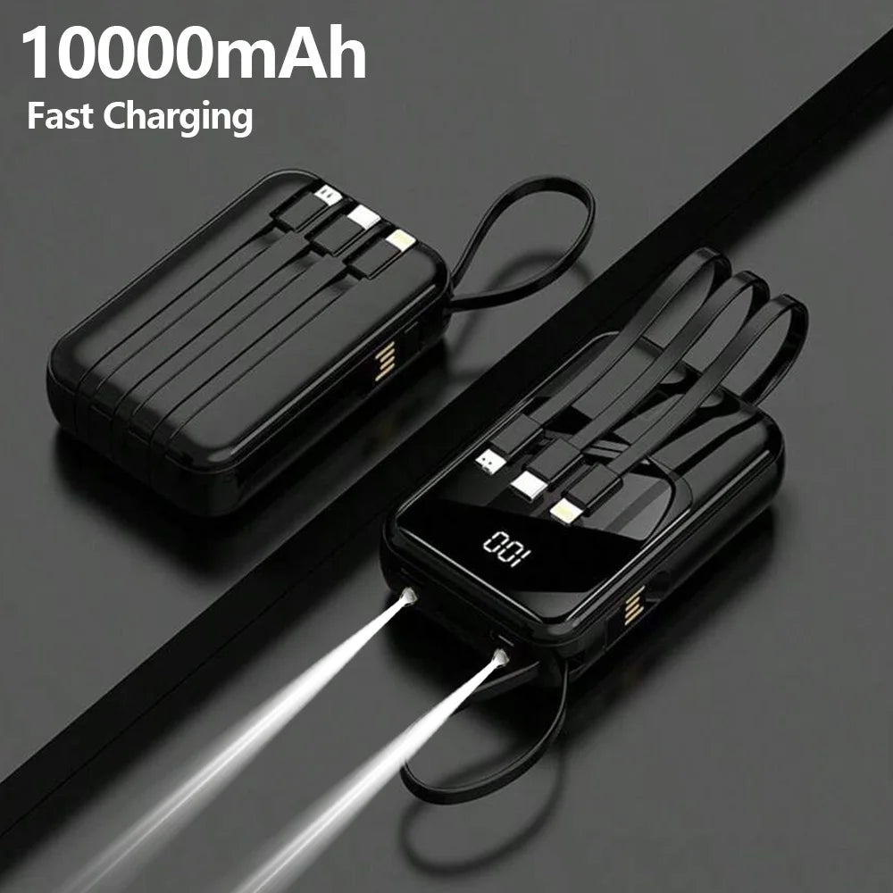 10000mAh Power Bank PD66W Fast Charge Portable Charger with Built-in 4 Cables & LED Flashlight, External Battery Pack Compatible with Smartphones, Lightweight Power Source for Daily Business Camping Travel Outdoor