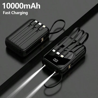10000mAh Power Bank PD66W Fast Charge Portable Charger with Built-in 4 Cables & LED Flashlight, External Battery Pack Compatible with Smartphones, Lightweight Power Source for Daily Business Camping Travel Outdoor