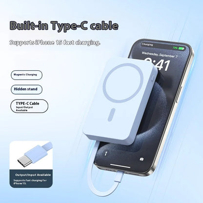 10000mAh Large Capacity Magnetic Wireless Power Bank, Built-in 2 Type-C Cables Foldable Stand PD Fast Charging Portable Charger