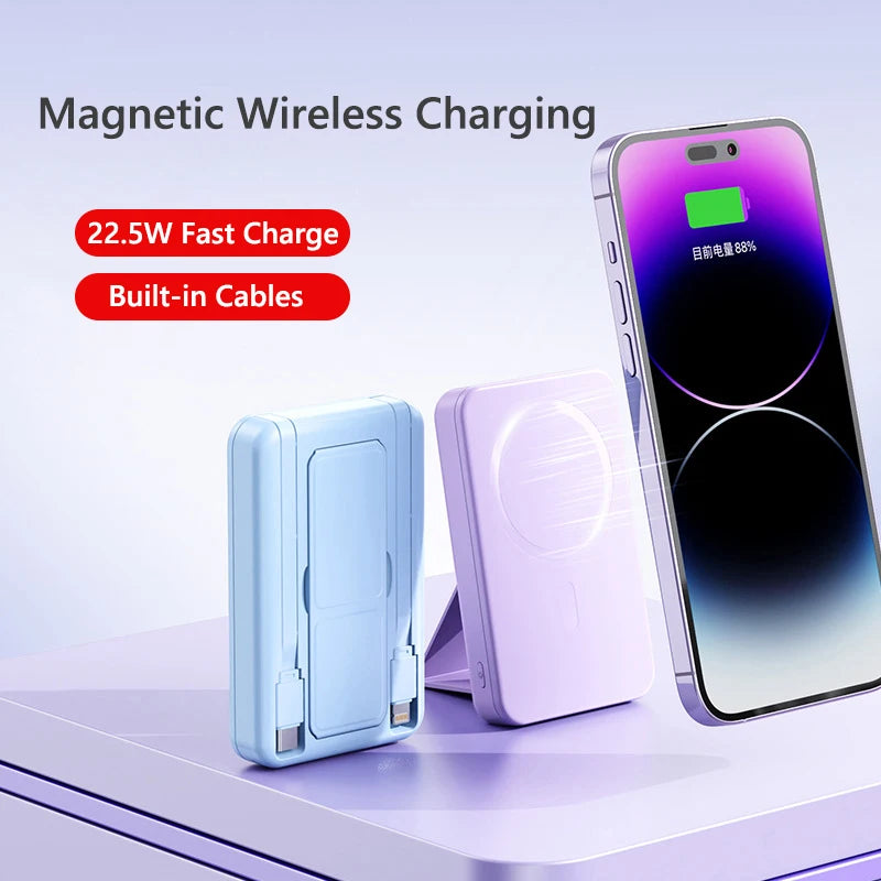 10000mAh Large Capacity Magnetic Wireless Power Bank, Built-in 2 Type-C Cables Foldable Stand PD Fast Charging Portable Charger
