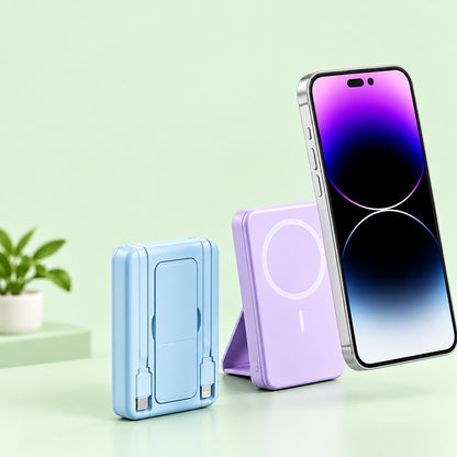 10000mAh Large Capacity Magnetic Wireless Power Bank, Built-in 2 Type-C Cables Foldable Stand PD Fast Charging Portable Charger
