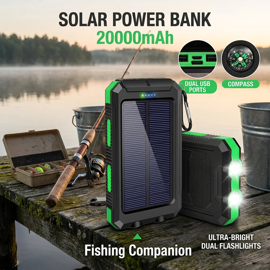 20000mAh Solar Power Bank, Portable Solar Phone Charger with 2 USB Ports, Dual LED Flashlights & Compass, Rechargeable External Battery Pack for Camping, Hiking & Outdoor Activities