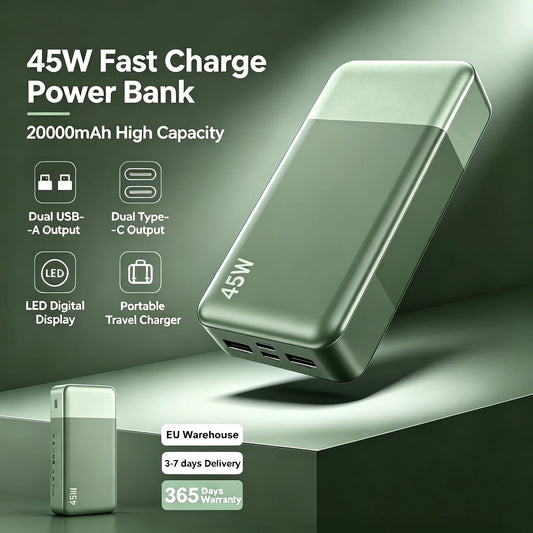 EU Warehouse Stock NOBIS 20000mAh Portable Power Bank, 45W PD QC Fast Charging External Battery Dual USB‑A & Dual Type‑C Ports, LED Power Indicator Travel Charger Compatible with iPhone 15 16 17 Samsung S23, S23 Ultra, S2