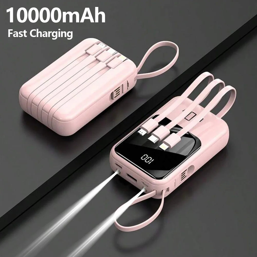 10000mAh Power Bank PD66W Fast Charge Portable Charger with Built-in 4 Cables & LED Flashlight, External Battery Pack Compatible with Smartphones, Lightweight Power Source for Daily Business Camping Travel Outdoor