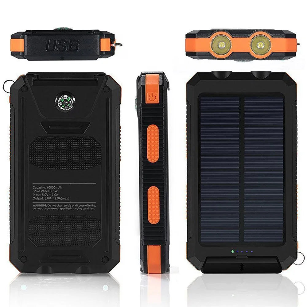 20000mAh Solar Power Bank, Portable Solar Phone Charger with 2 USB Ports, Dual LED Flashlights & Compass, Rechargeable External Battery Pack for Camping, Hiking & Outdoor Activities