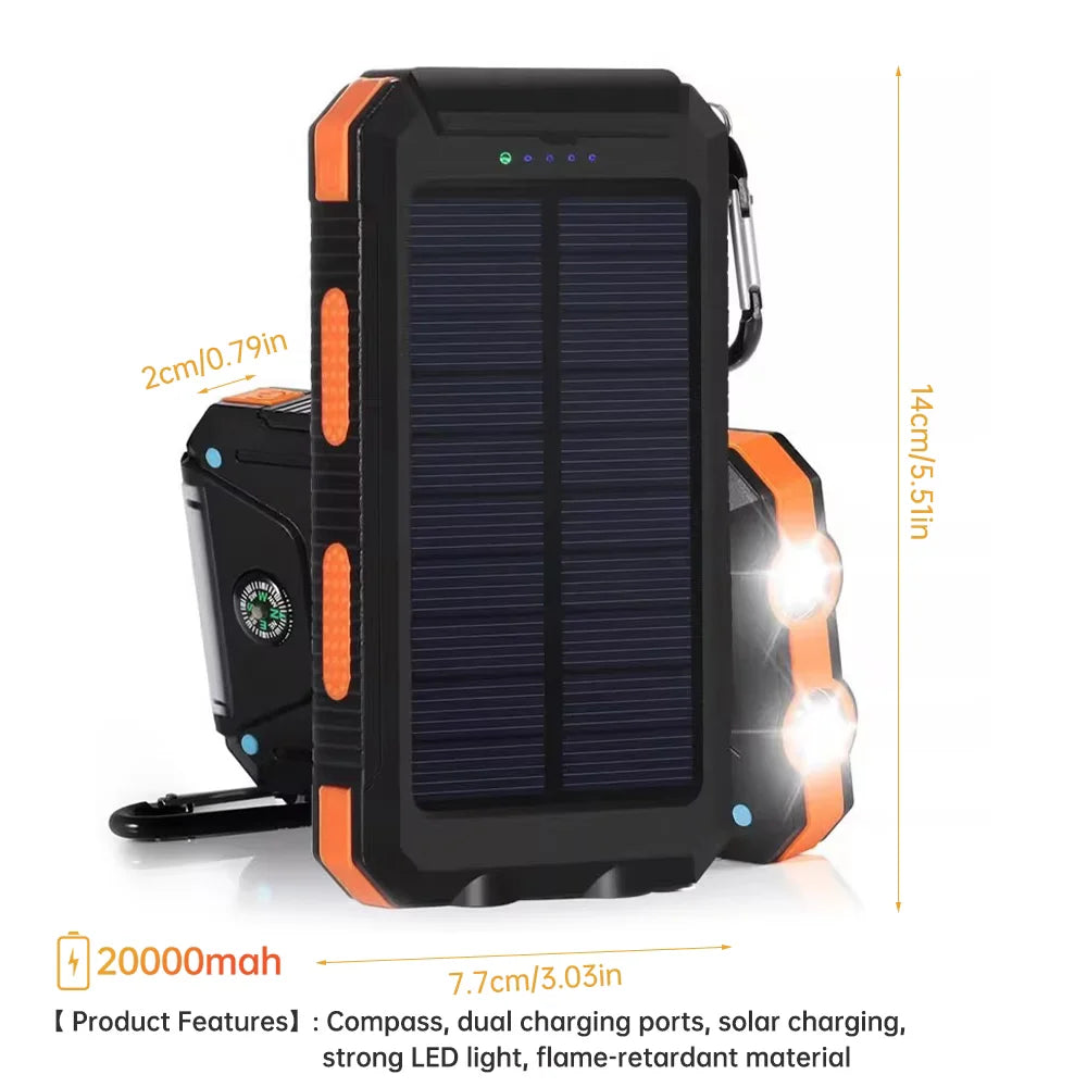 20000mAh Solar Power Bank, Portable Solar Phone Charger with 2 USB Ports, Dual LED Flashlights & Compass, Rechargeable External Battery Pack for Camping, Hiking & Outdoor Activities