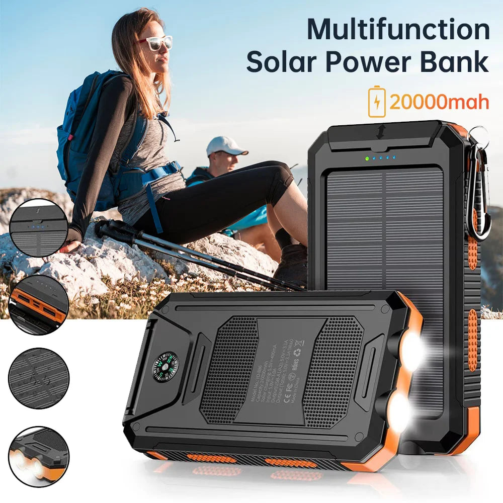 20000mAh Solar Power Bank, Portable Solar Phone Charger with 2 USB Ports, Dual LED Flashlights & Compass, Rechargeable External Battery Pack for Camping, Hiking & Outdoor Activities