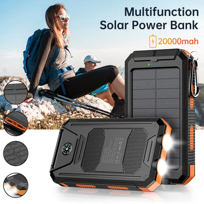 20000mAh Solar Power Bank, Portable Solar Phone Charger with 2 USB Ports, Dual LED Flashlights & Compass, Rechargeable External Battery Pack for Camping, Hiking & Outdoor Activities